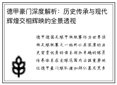 德甲豪门深度解析：历史传承与现代辉煌交相辉映的全景透视