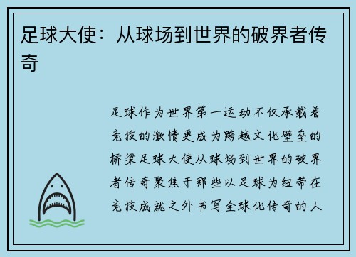 足球大使：从球场到世界的破界者传奇