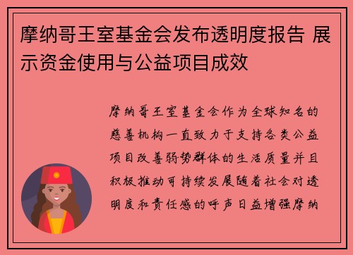 摩纳哥王室基金会发布透明度报告 展示资金使用与公益项目成效